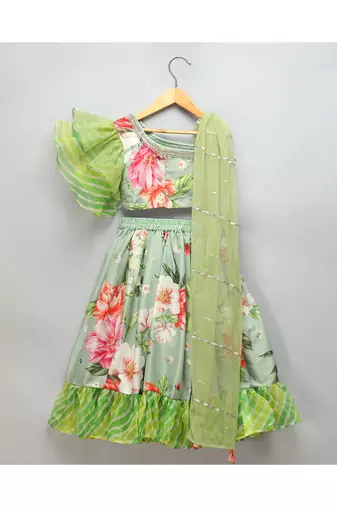 Floral printed off shoulder lehnga set with attached dupatta
