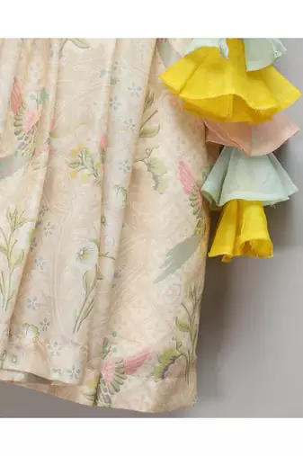 Pastel frill blouse with parrot print lehnga