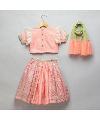 Peach peacock printed chanderi lehnga set 3