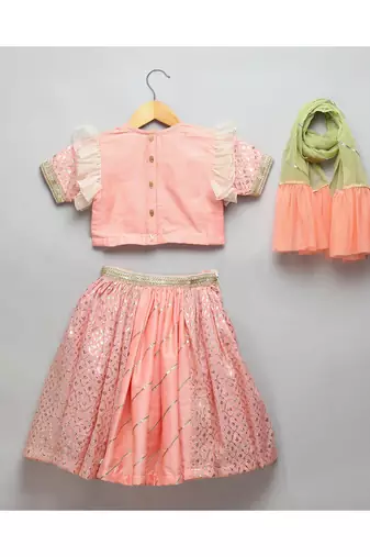 Peach peacock printed chanderi lehnga set