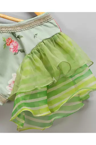 Floral printed off shoulder lehnga set with attached dupatta