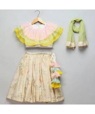 Pastel frill blouse with parrot print lehnga 1