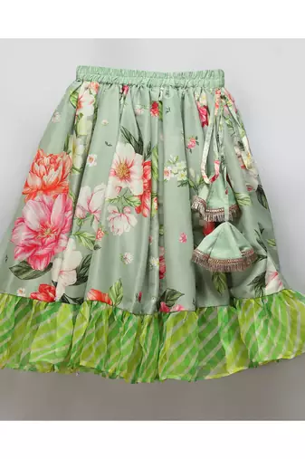 Floral printed off shoulder lehnga set with attached dupatta