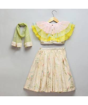 Pastel frill blouse with parrot print lehnga 3