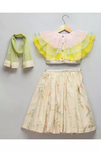Pastel frill blouse with parrot print lehnga