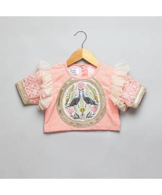 Peach peacock printed chanderi lehnga set 4