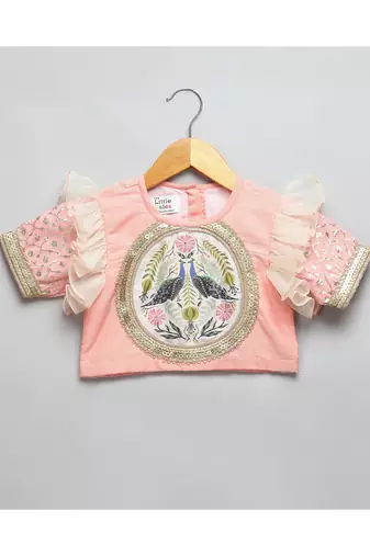 Peach peacock printed chanderi lehnga set