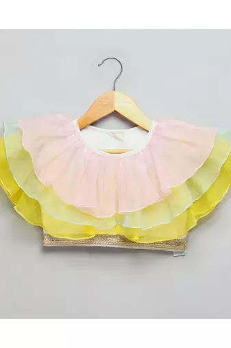 Pastel frill blouse with parrot print lehnga