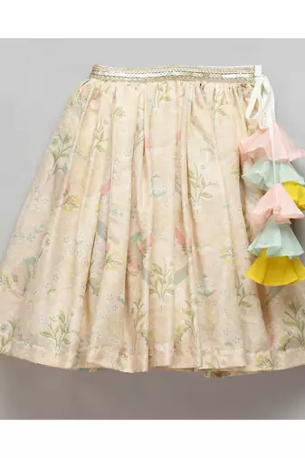 Pastel frill blouse with parrot print lehnga