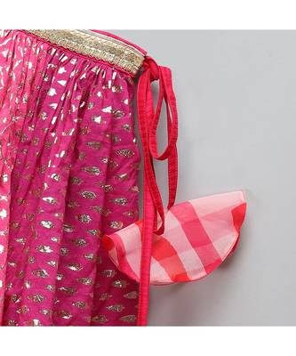 Pink lehriya frill blouse and chanderi lehnga set 2