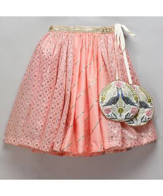 Peach peacock printed chanderi lehnga set 5