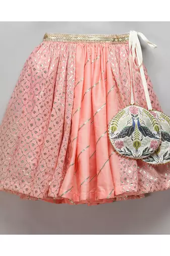 Peach peacock printed chanderi lehnga set