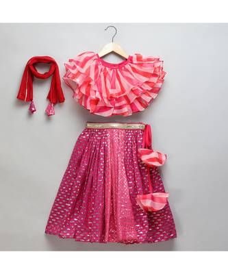 Pink lehriya frill blouse and chanderi lehnga set 1