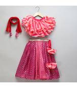 Pink lehriya frill blouse and chanderi lehnga set