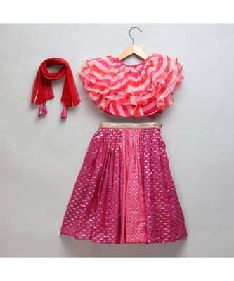 Pink lehriya frill blouse and chanderi lehnga set 3