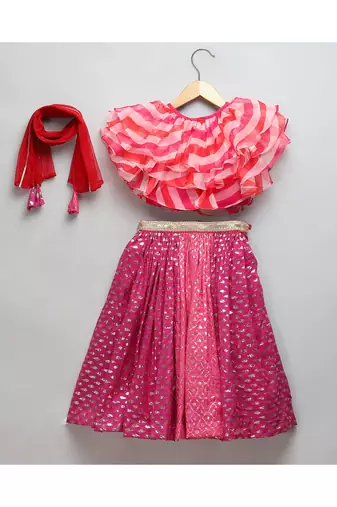 Pink lehriya frill blouse and chanderi lehnga set