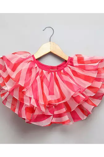 Pink lehriya frill blouse and chanderi lehnga set