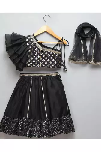 Black chanderi off shoulder lehnga set