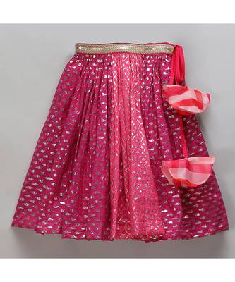 Pink lehriya frill blouse and chanderi lehnga set 5
