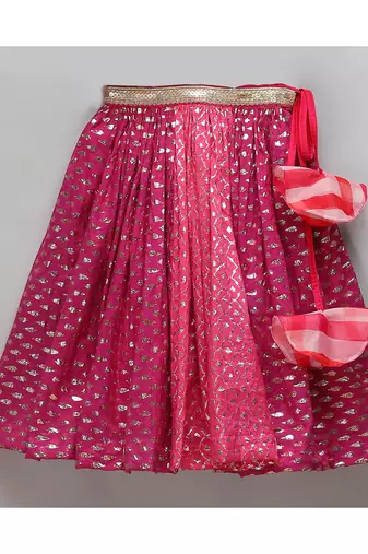 Pink lehriya frill blouse and chanderi lehnga set