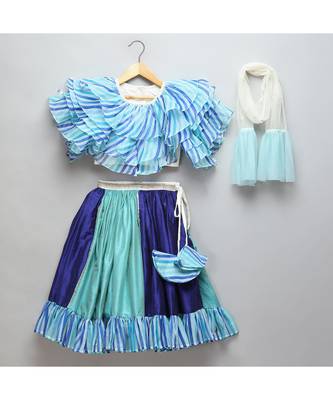 Blue lehriya frill blouse and lehnga set 1