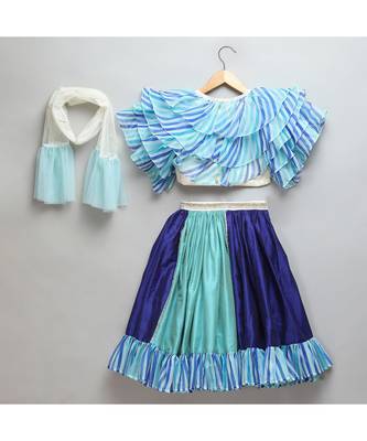 Blue lehriya frill blouse and lehnga set 3