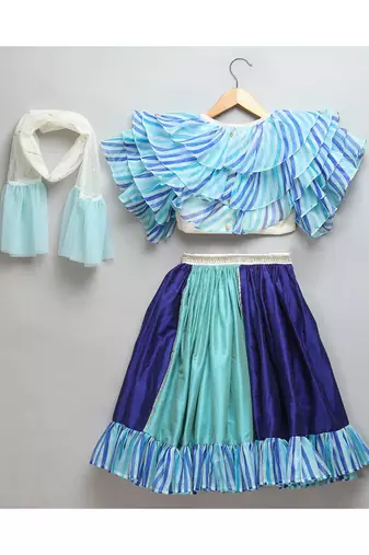 Blue lehriya frill blouse and lehnga set