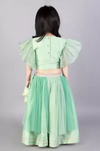 Green zari organza blouse with net lehnga