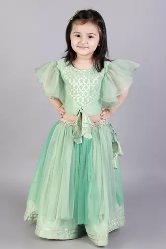 Green zari organza blouse with net lehnga