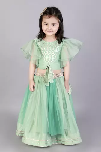 Green zari organza blouse with net lehnga