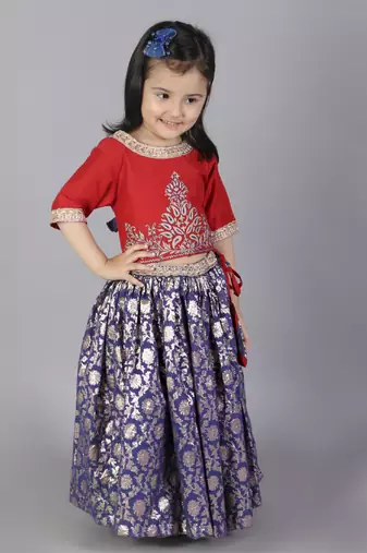 Red and blue zari embroidery lehnga set