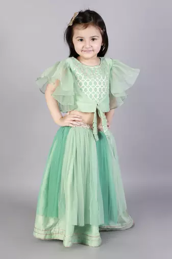 Green zari organza blouse with net lehnga