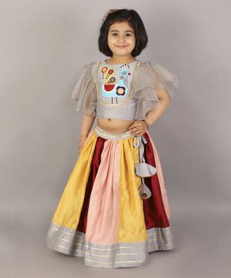 Grey embroidered blouse with multicolored lehnga 1