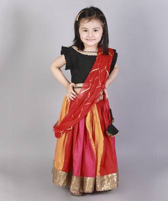 Black ruffled blouse with multi color lehnga 1