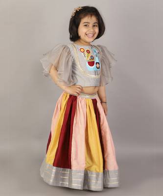 Grey embroidered blouse with multicolored lehnga 2