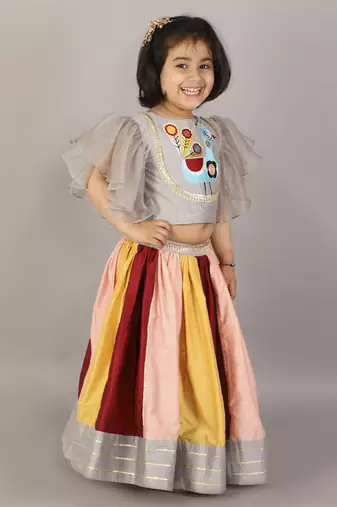 Grey embroidered blouse with multicolored lehnga