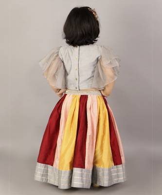 Grey embroidered blouse with multicolored lehnga 3