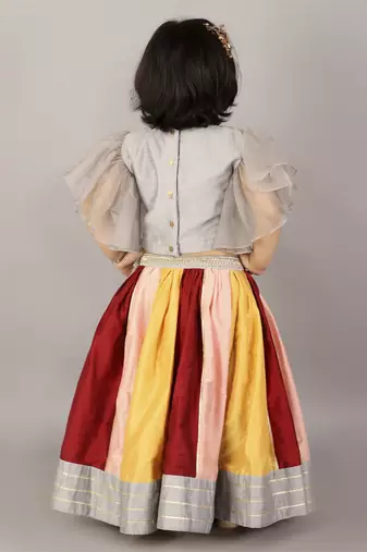 Grey embroidered blouse with multicolored lehnga