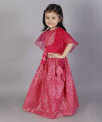 Fuschia pink ruffled blouse with cotton zari lehnga 1