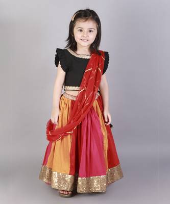 Black ruffled blouse with multi color lehnga 3
