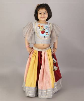 Grey embroidered blouse with multicolored lehnga 4