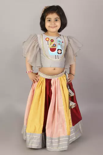 Grey embroidered blouse with multicolored lehnga