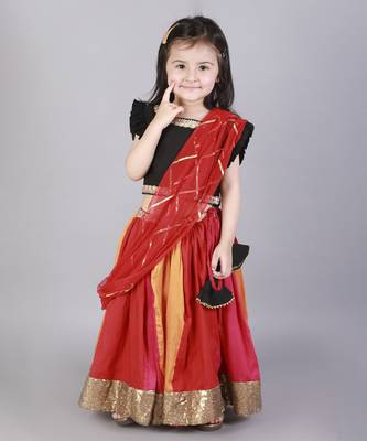 Black ruffled blouse with multi color lehnga 4