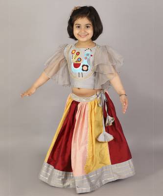 Grey embroidered blouse with multicolored lehnga 5