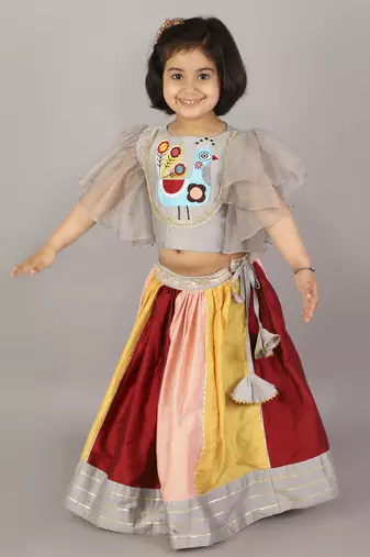 Grey embroidered blouse with multicolored lehnga