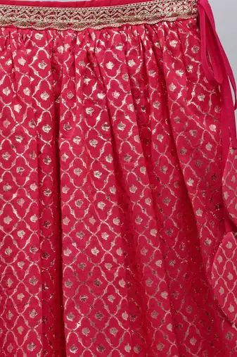Fuschia pink ruffled blouse with cotton zari lehnga