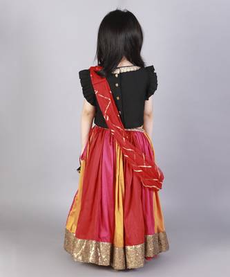 Black ruffled blouse with multi color lehnga 5