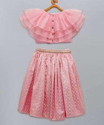 Light pink organza ruffled blouse with cotton zari lehnga 2