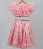 Light pink organza ruffled blouse with cotton zari lehnga