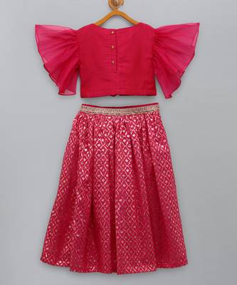 Fuschia pink ruffled blouse with cotton zari lehnga 4